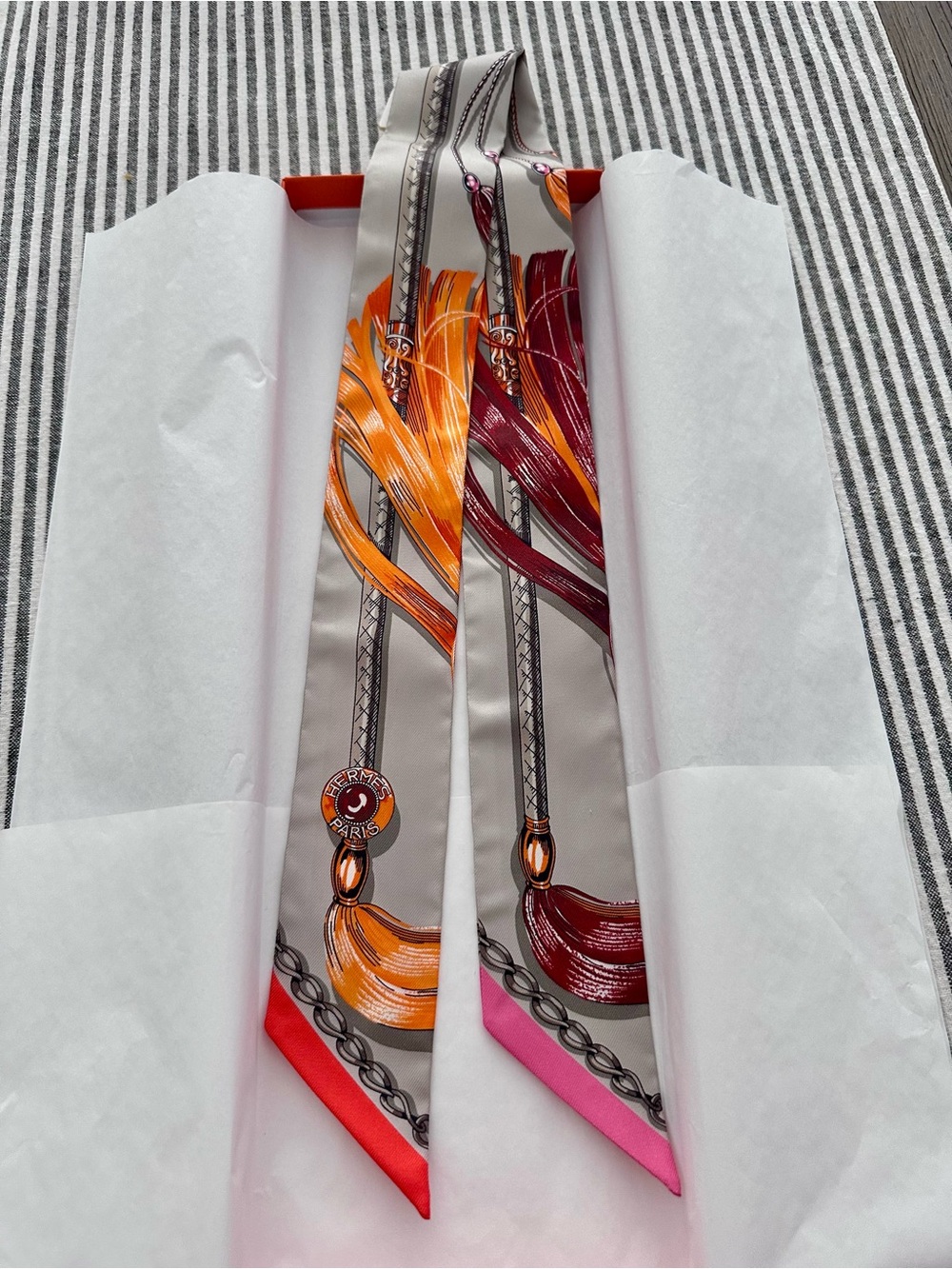 Hermes Silk Cavalcades Twilly in Gris Perle Orange, Burgundy & Pink Trim